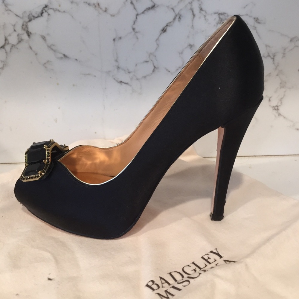 Black Satin Badgley Mischka platform peeptoe heels
